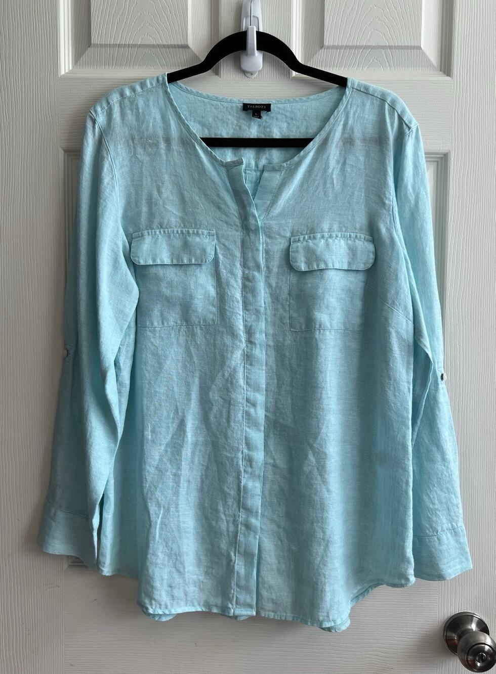 TALBOTS Blue 100% Linen Button Front Lagenlook Beach Tunic Blouse Top Sz L
